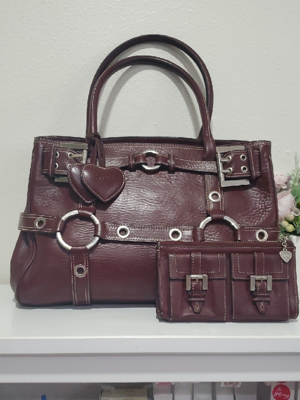 RARE Luella Gisele Burgundy Leather Satchel Handbag with Heart Charms